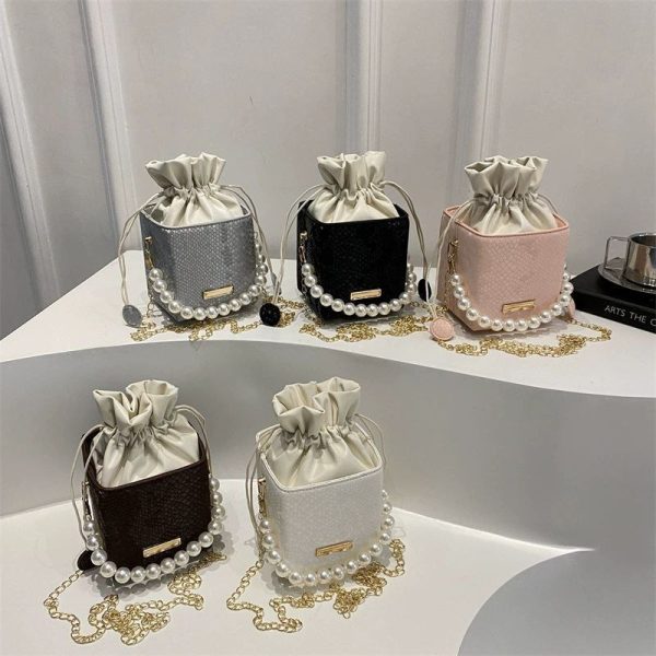 Luxury Crossbody Bucket Bag Texture Pearl Chain Messenger Box Bag ASC389